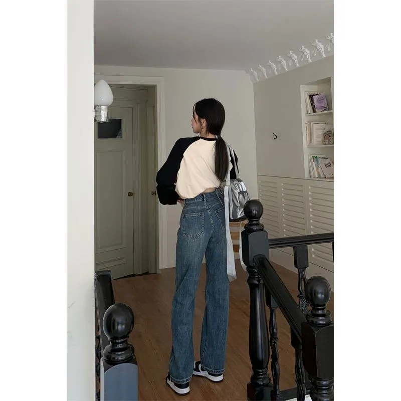 Casual Floor-Length Straight High-Waisted Wide-Leg Retro Jeans