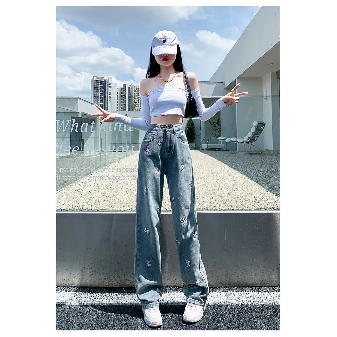 High-Waisted Floor-Length Loose Fit Embroidery Draping Slimming Straight Leg Jeans