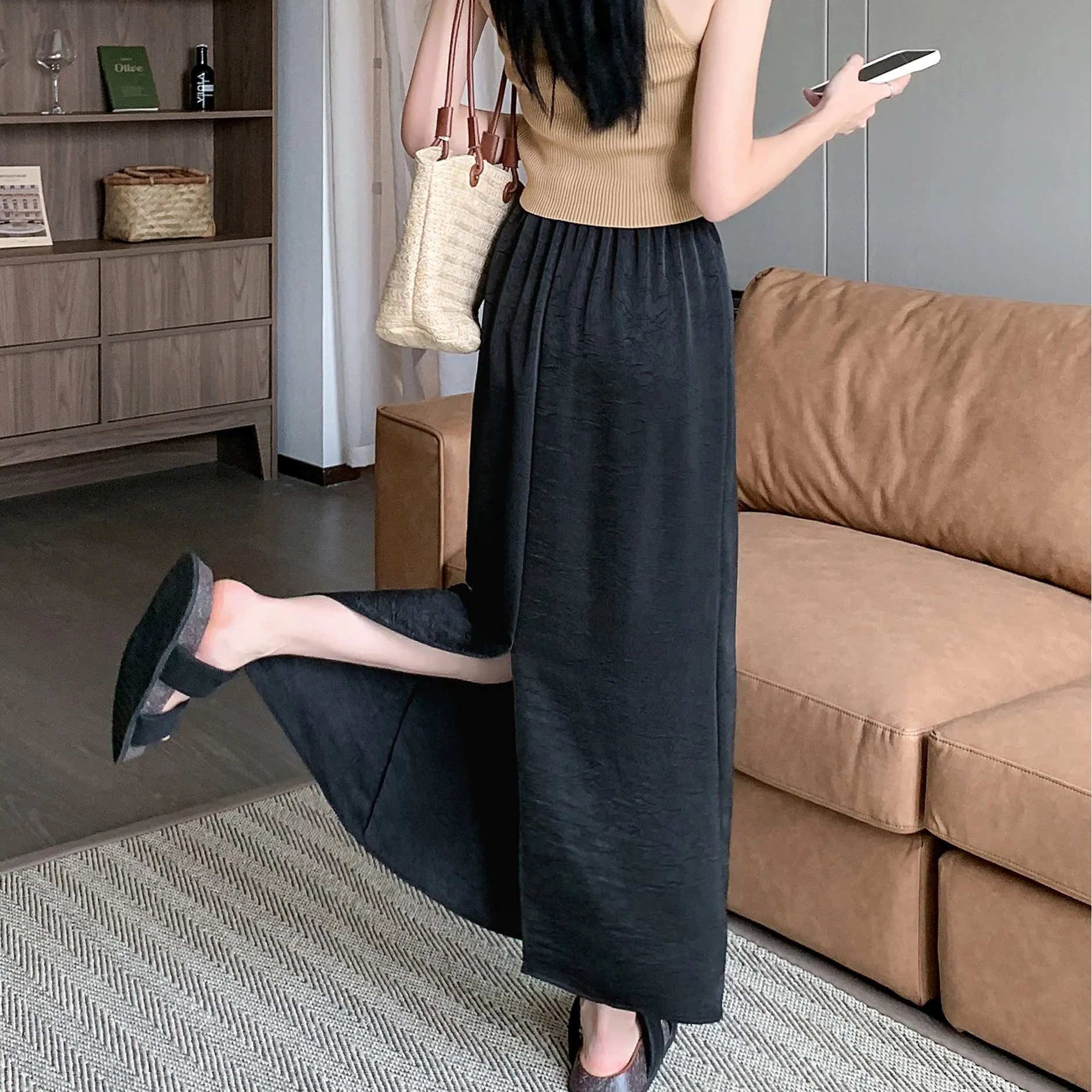 High-Waisted Split Hem Draping Sensation Jacquard H-Shaped Satin Skirt