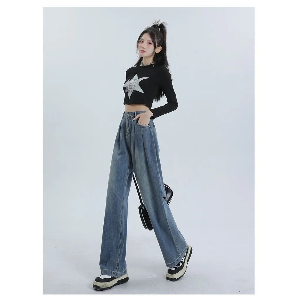 High-Waisted Worn-Out Look Pleated Loose Fit Wide Leg Jeans