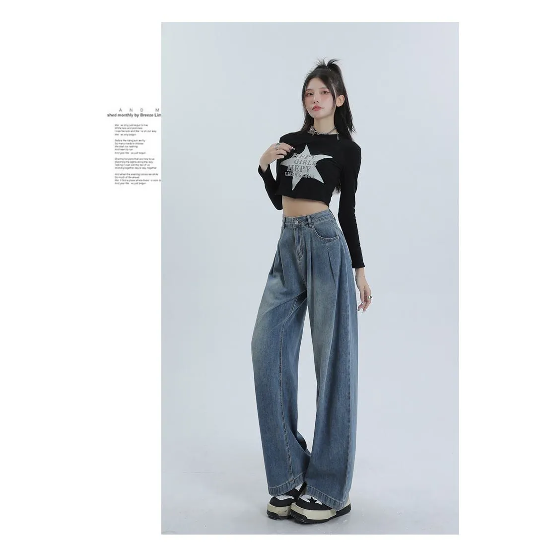 High-Waisted Worn-Out Look Pleated Loose Fit Wide Leg Jeans