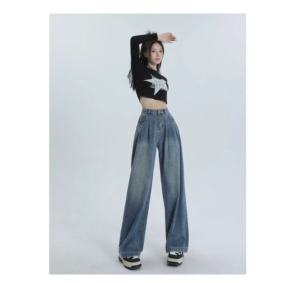 High-Waisted Worn-Out Look Pleated Loose Fit Wide Leg Jeans