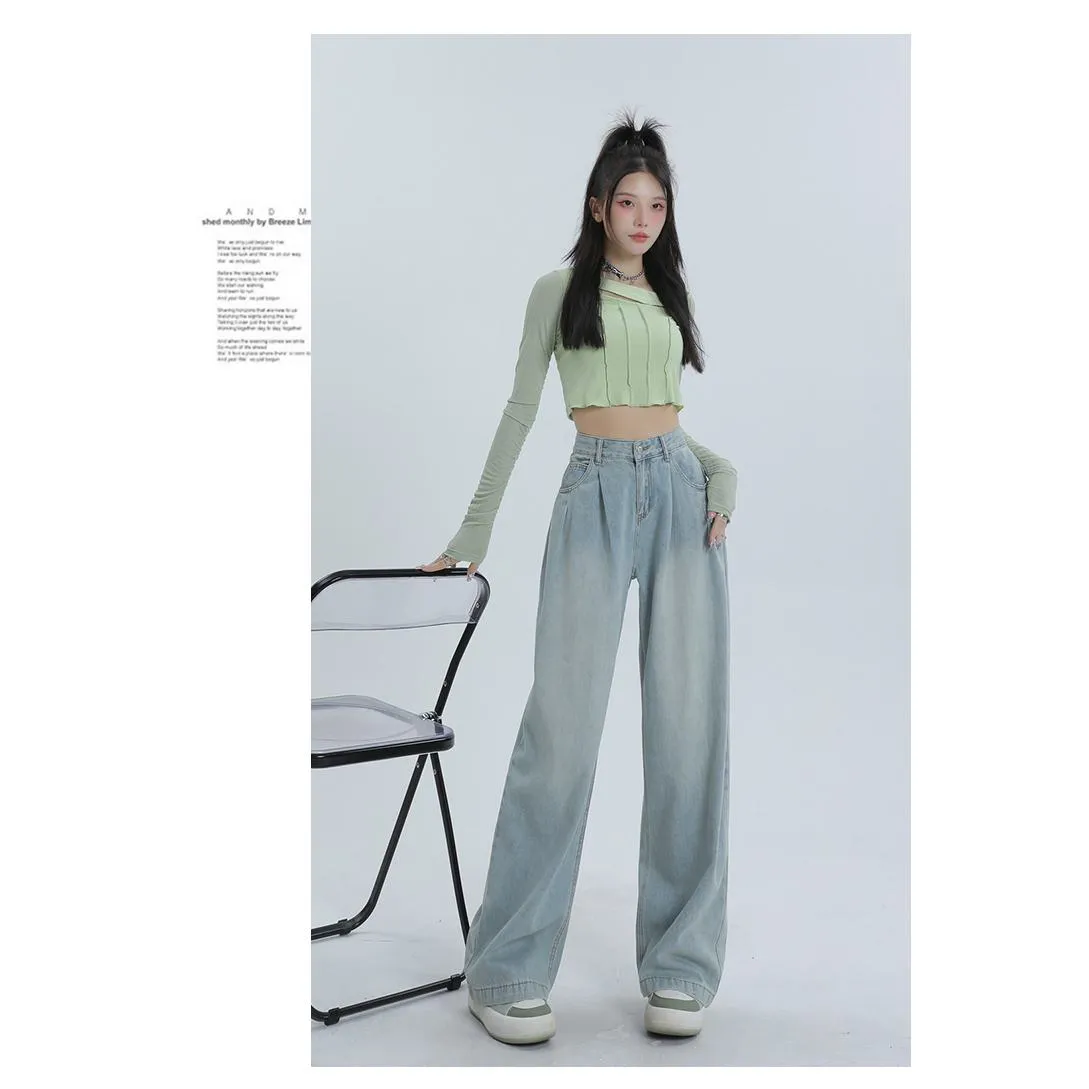 High-Waisted Worn-Out Look Pleated Loose Fit Wide Leg Jeans