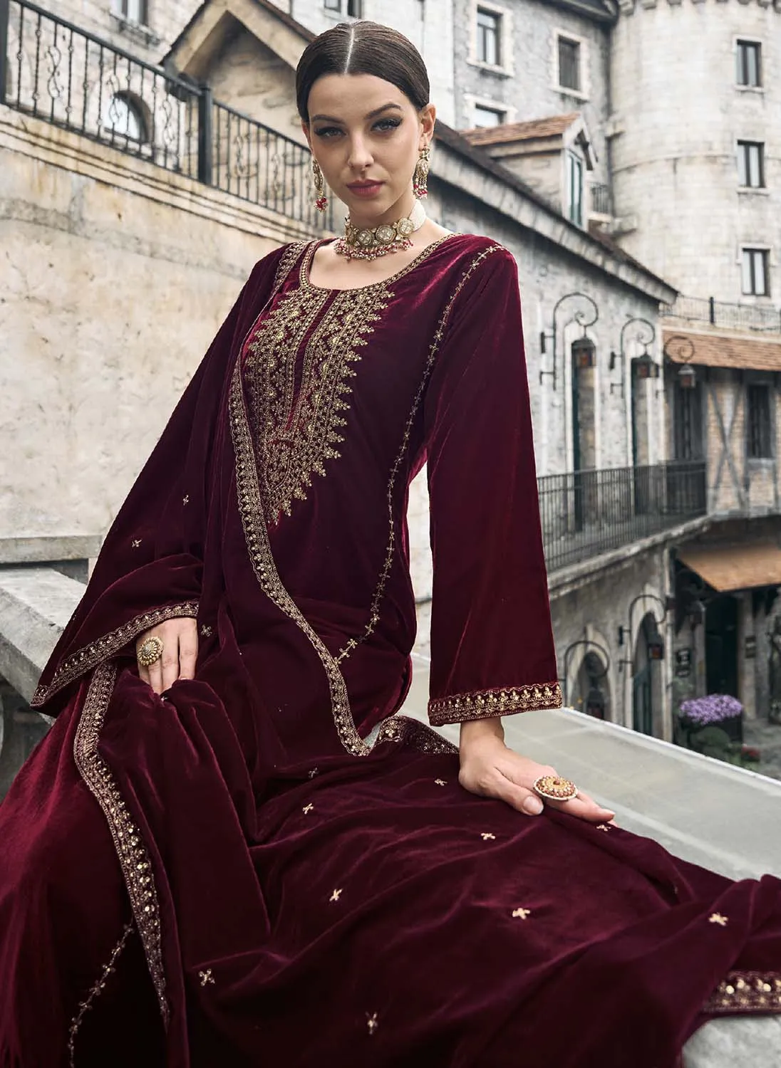 Kilory Party Wear Red Unstitched Velvet Suit Dress Material for Women