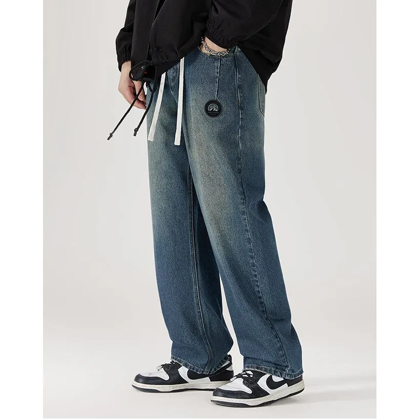 Label Detail Straight Leg Casual Loose Fit Washed Out Jeans