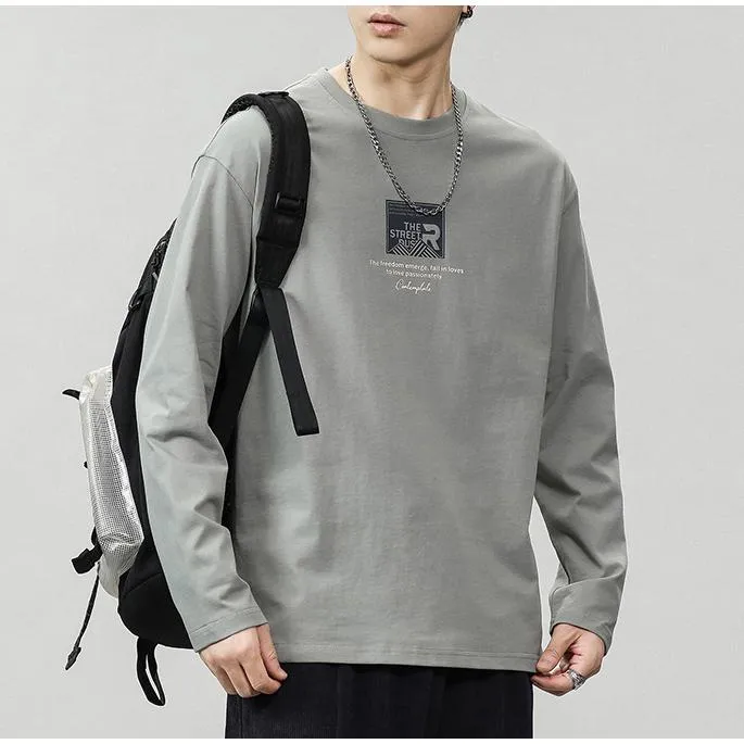 Pure Cotton Round Neck Simplicity Print Long Sleeve Tee