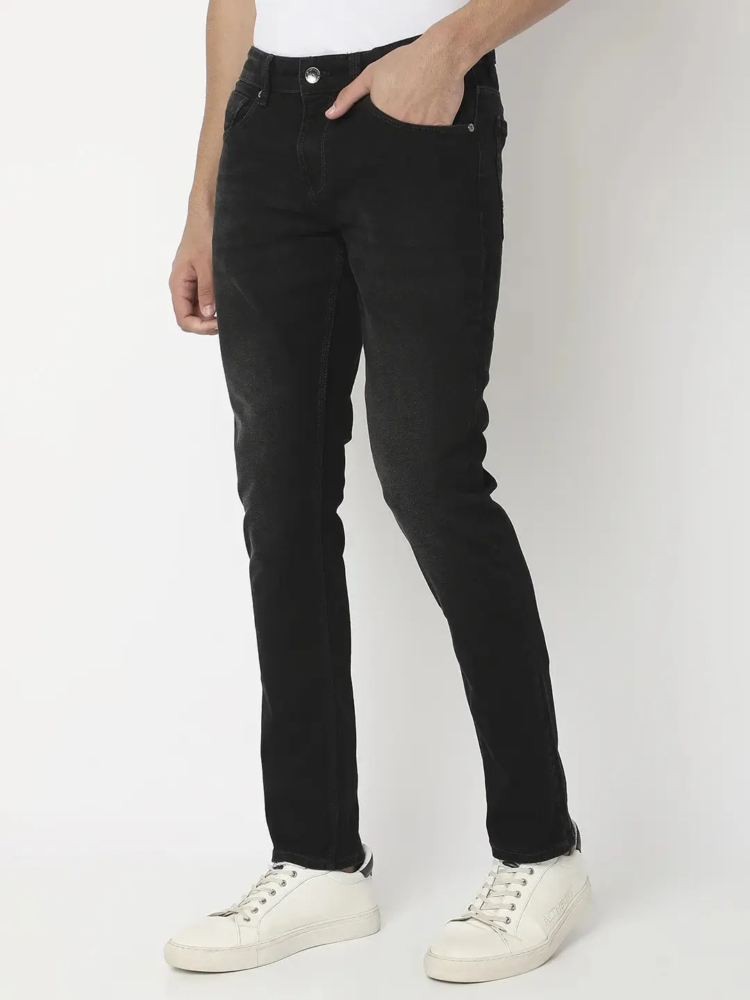 Spykar Men Black Cotton Stretch Slim Fit Narrow Length Clean Look Low Rise Jeans - (Skinny)