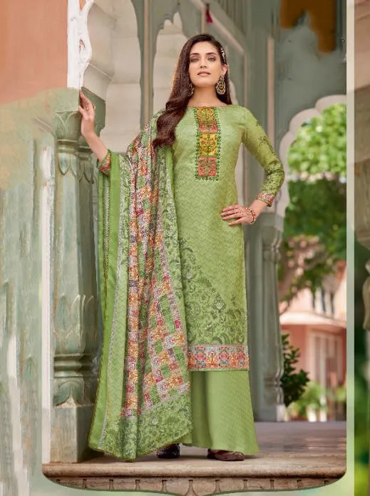 Unstitched Cotton Green Pakistani Karachi Suits Dress Material with Dupatta